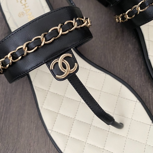 2023 CHANEL CC LOGO BLACK THONG LEATHER FLAT SHOES SANDALS 40 - Picture 10 of 16